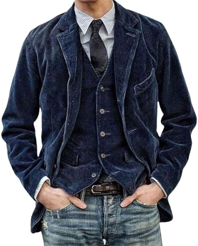 Men's Vintage Cord Lapel Jacket: Winter Cord Blazer Elegant Solid Color Cord Lapel Pocket Softshell Jacket with Chest Pocket Easy Casual Jacket for Weddings, Banquets, Proms, blue, XL