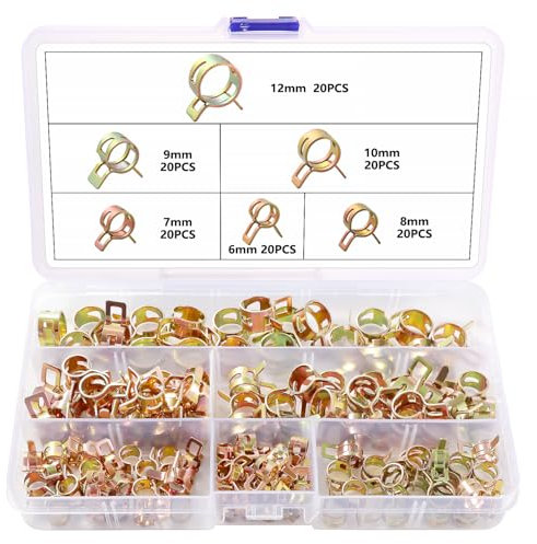 YIXISI 120 Pièces 6/7/8/9/10/12 mm Clip à Ressort Tuyau Serrage, Colliers de Serrage à Ressort, Clips à Ressort Tuyau Serre-Joints à Tuyaux Colliers de Clip à Ressort, Doré