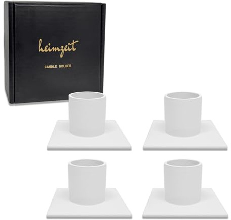 heimzeit Portacandele in Metallo per Candele a Stelo Ø25 mm e Candele da Tavolo [4 Pezzi, Quadrato], Colore: Bianco, Design Elegante, Candelabro per una Raffinata Decorazione Della Stanza