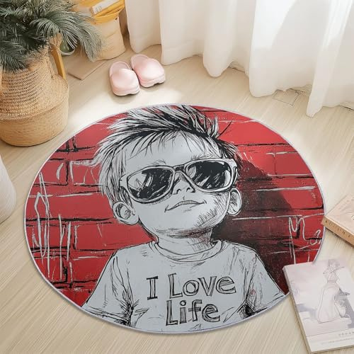 Tappeto rotondo da pranzo Colorato, Graffiti Ragazzo con occhiali sole Mattoni rossi Motivo, Tappeto antiscivolo per soggiorno soffice per camera da letto, divano, cucina, diametro 60 cm