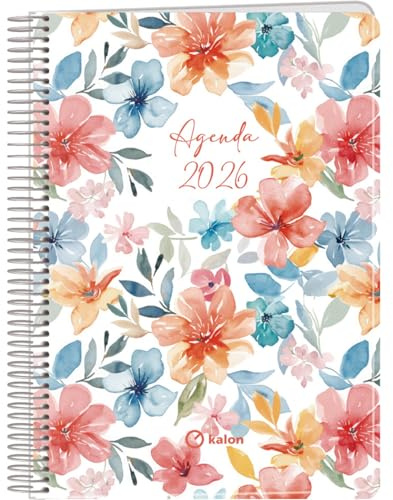 Q Kalon - Agenda 2026 - Dag Per Sida, Storlek A5 (15x21 cm), Årsplanerare Flera Språk (ENG, FRA, TYS och SPA), Ringpärm, Omslag av Kartong och Skyddande Plast - Garden