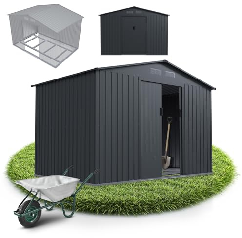 Juskys Geräteschuppen Metall XL – Gartenhaus & Gerätehaus mit Schiebetür, Fundamentrahmen & Schloss, wetterfester Gartenschrank zur Aufbewahrung – Dunkelgrau