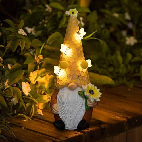 pearlstar Solar Garden Gnomes Statues Waterproof, Garden Ornaments Outdoor, Solar Gnomes Statues and Sculptures with Bees and Sunflower, Outdoor Decorations for Balcony and Pond, Gift for Women
