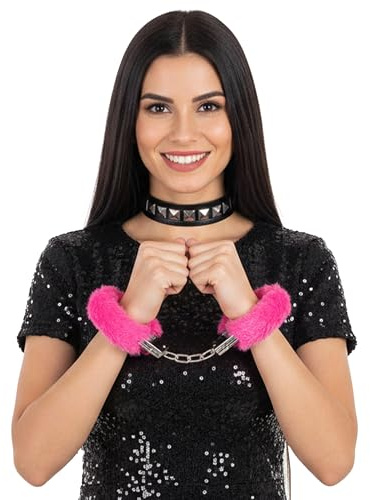 The Fancy Dress Womens Fluffy Handcuff with Key Set & Studded Punk Neck Choker, Roleplay Accessories for Valentine's Day, Stag Do, Hen Night, Adult Police Cosplay Costume Props for Couples (Pink)