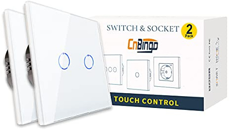 2 Pack CNBINGO 2-Way Touch Light Switch with White Glass Wall Plate | Double Switch witch LED Backlight, No Neutral Wire Required, 1-Gang AC 230V 800W