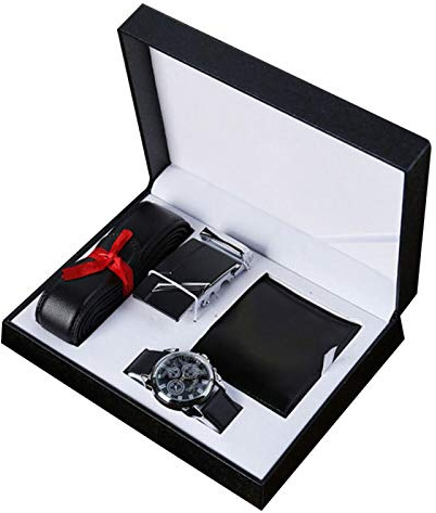 POHOVE Ensemble cadeau portefeuille et ceinture, coffret cadeau 3 pièces tendance pour la Saint-Valentin, accessoires PU olleague, père, petit ami, montre, homme, mari (noir)