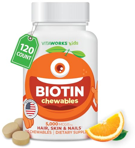 VitaWorks Kids Biotin 5000mcg Chewable Tablets | Tasty Biotin Supplement | Vegan, Non GMO | Hair Growth, Skin and Nail Heath | Hair Vitamins for Kids | 120 Chewables