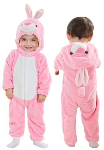 Doladola Costume da Halloween con Tutina con Cappuccio per Animali Costumi per Bambini (coniglio rosa, 12-18 Mesi)
