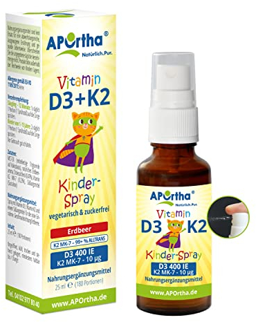 APOrtha® Vitamin D3 + K2 für Kinder -Erdbeergeschmack - 25 ml vegetarisches Mundspray, ca. 180 Portionen, 400 IE Vitamin D3 pro Sprühstoß, 10 µg K2VITAL® Vitamin K2 MK-7 pro Sprühstoß, zuckerfrei