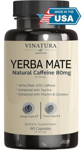 Yerba Mate 1400mg - Magic Natural Caffeine & Energy Supplements, High Potency Enhanced with Taurine and Vitamin B Complex - 60 Capsules