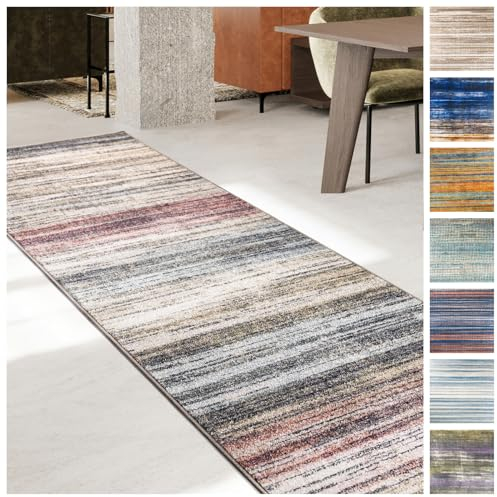 KARAT Teppich Läufer für Küche, Flur & Wohnraum Küchenläufer - Rutschfester Moderner Flurteppich für Wohnzimmer & Schlafzimmer Meterware nach Maß, Beige-Rot, 80 x 400 cm (Cudillero)