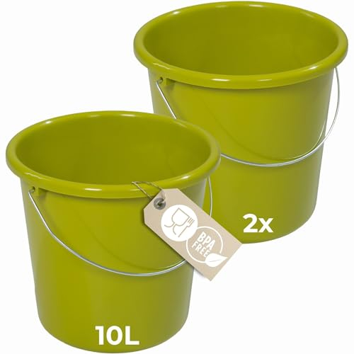 Novaliv Lot de 2 seaux de 10 l vert avec graduation dimensionnelle - Seau de nettoyage de 10 litres ? 28,5 cm - Pratique et polyvalent avec graduation pour la maison et le jardin - Idéal comme seau