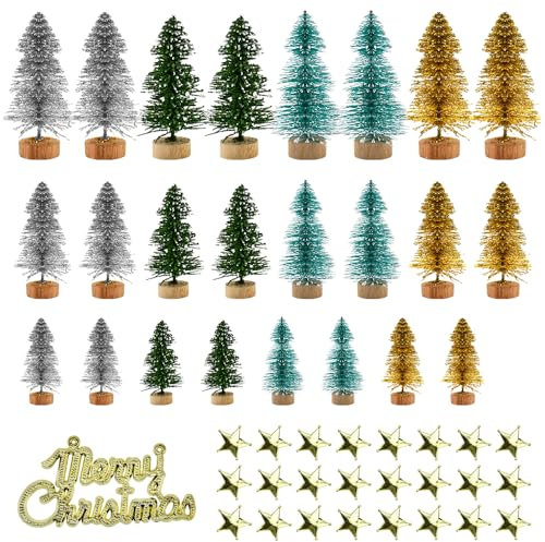 SLTAXAR 24 Stück Mini Weihnachtsbaum Künstlich Mini Christbaum deko Mini Tannenbaum deko Kleine Christbaum Miniatur Weihnachtsbaum Tischdeko Kleine Weihnachtsbaum 24 mini Sterne 1 Merry Christmas Deko