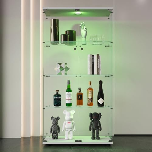 DADEA Vitrina de cristal, vitrina de cristal con 4 estantes, 2 puertas con luz y cerradura, 164 x 80 x 36 cm (blanco, 2D + luz)
