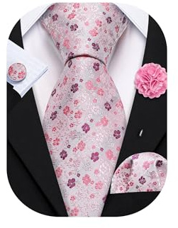 Barry.Wang - Juego de corbata floral con alfiler de solapa para hombre, corbata de seda, pañuelo de bolsillo, gemelos, set para bodas formales, fiestas, negocios, Taille unique