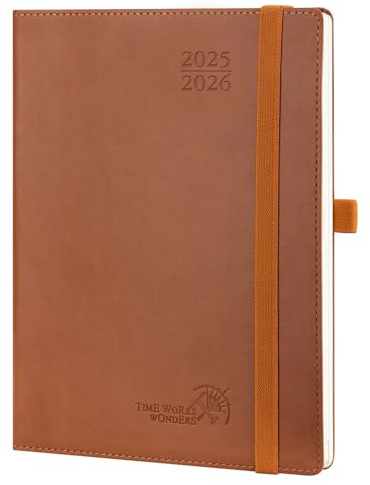 POPRUN Agenda 2025 2026 Semana Vista 22 x 16,5 cm, Semanal 17 Meses de Ago.2025 a Dic.2026, Tapa Blanda en Cuero Vegano, Porta Boligrafos Autoadhesivo, 80 GSM Papel, Marrón