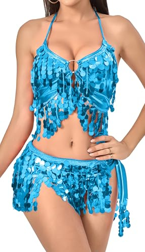 FEOYA Women's Belly Dance Outfits Latin Dress Sequin Fringe Tassel Hip Scarf Sparkly Shiny Belly Bra Top Festival Rave Carnival Costume