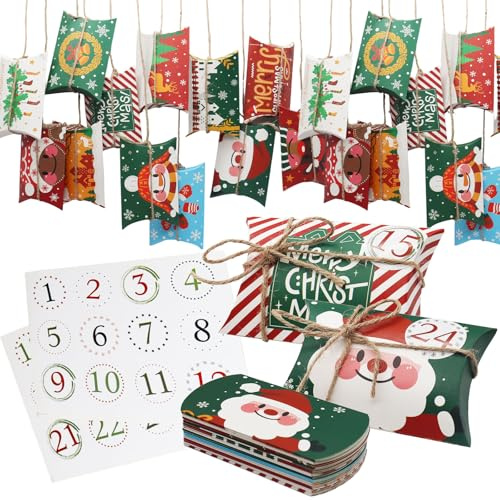 Calendario de Adviento para Rellenar, 24 Cajas para calendario de Adviento DIY, con pegatinas navideñas y cordel de yute, para Navidad Decoración