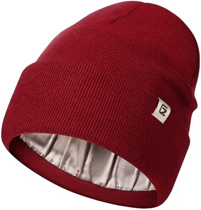 GADIEMKENSD Satinfodrad stickad mössa, ullblandning, värme, anti-statisk, anti-flimmer, skonsam hårvård, unisex, Vinröd, 54-59