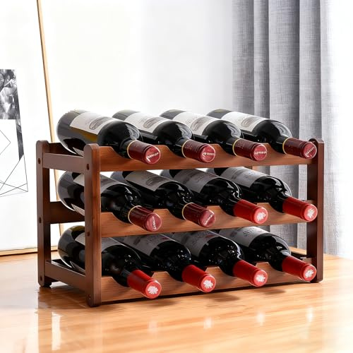 Trlyane 12 Bottle Wine Rack, 3 Tier Free Standing Bamboo Wine Storage Holder, Retro Minimalist Style Home Decorations Wine Display Shelves for Countertop,Cabinet,Cupboard