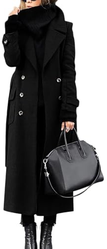 Générique Manteau Laine Femme Hiver Chic Long Revers Large Boutons Double Rang Poches Latérales Tissu Texturé Pour Automne Hiver Travail Sorties Quotidien Noir, M