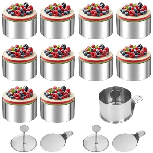 10 stycken dessertringar matdekoration: 8 cm runda bakringar set musseringar av rostfritt stål för gör-det-själv mousse tårtor, desserter med masher och lyftare