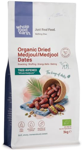 Wholefood Earth Organic Dried Medjoul/Medjool Dates – 3 kg | Raw | GMO Free | Vegan | High Fibre | Certified Organic