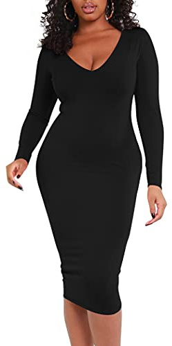 BORIFLORS Women's Sexy Bodycon Long Sleeve Deep V Neck Club Party Midi Pencil Dresses, Medium, Black