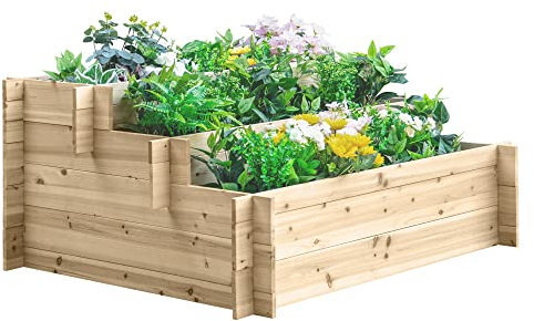 Outsunny Fioriera da Giardino in Legno a 3 Livelli, Letto per Orto Rialzato da Esterno, Fiori, Ortaggi e Piante Aromatiche, 120x100x54cm