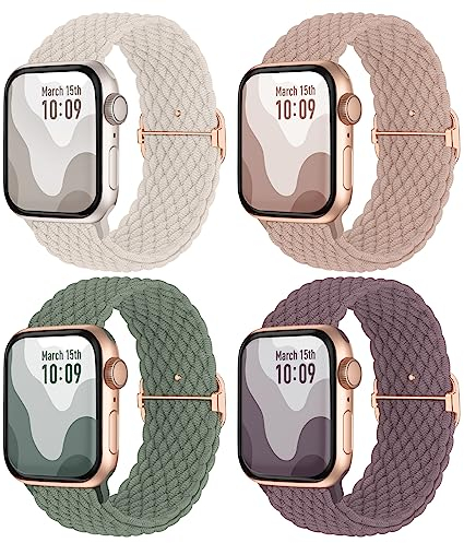 Rutschfestes Geflochtenes Armband Kompatibel mit Apple Watch Armband 41mm 40mm 38mm, Verstellbar Elastisch Nylon Stoff Ersatzarmband für iWatch Series SE 9 8 7 6 5 4 3 Ultra/Ultra 2, 4er Pack