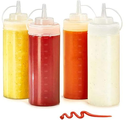 trabag 4 Stück Saucenflasche, 500ml Squeeze Flasche, 16oz Mit Kappe Dosierflasche, Quetschflasche Spritzflasche 500ml Squeeze Flasche für Gewürze, Ketchup, Senf, Mayo, Olivenöl, Klar, Malen