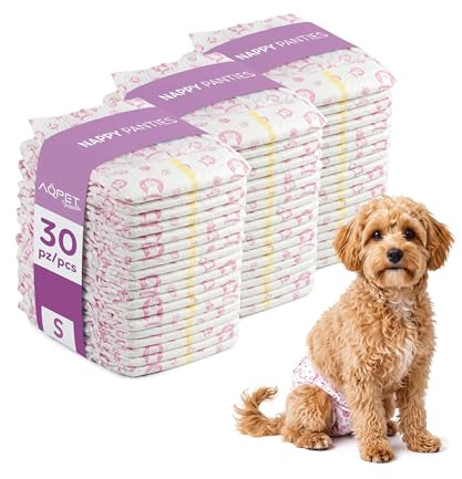 Aqpet Pannolini Igienici Mutanda Assorbente per Cani Femmine per Ciclo Incontinenza con Chiusura Adesiva Regolabile, Anti odore, Usa e getta, Taglia Small 370x275mm, Confezione da 30 Pezzi