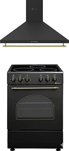 SOLTHERMIC COMBO PACK NEGRO RÚSTICO COCINA VTC con HORNO 50L 50X50 + CAMPANA DE 60 NEGRA SIN RIBETE DORADO (3 fuegos, gran potencia de extración)