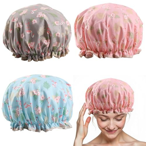 3 Stück Duschhauben, Doppellagige Duschhaube für Frauen, Wasserdichte Duschhauben Damen, wiederverwendbare Haarkappe für langes, dickes Haar