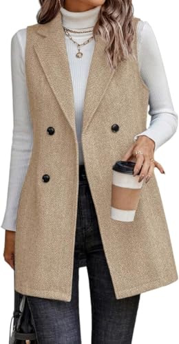 Suncadmious Gilet Lungo per Le Donne Senza Maniche Blazer in Tweed Giacche Autunnali Cardigan Capispalla (Albicocca,XL)