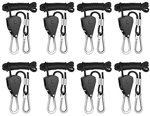 Okeeyseda Cintres Réglables pour Lumière de Croissance de 1/8 Corde de Levage Noire Corde de Levage en Nylon 8 Pièces de 2,4 M de Long à Cliquet pour de Culture et Jardinage