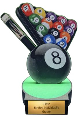 EBERiX POKALE Trophée en bois de 16 cm avec gravure, queue et boules au choix, parfait comme coupe de billard, trophée de snooker ou prix de 8 balles