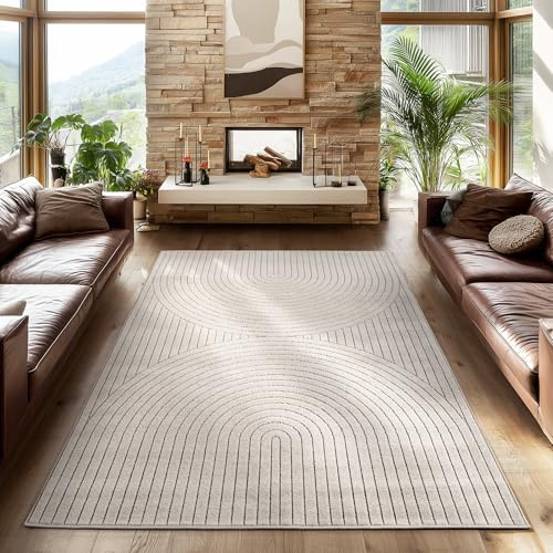 SIMPEX Outdoor Teppich Wetterfest, Wohnzimmer, Schlafzimmer, Wintergarten, Kurzflor Creme, Hoch-Tief-Effekt, weich & waschbar, Outdoor geeignet, 120x170 cm