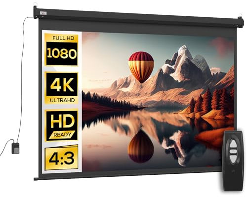 HOMCOM Écran vidéoprojecteur 100 Pouces, 4:3 4K HD écran de Projection motorisé et électrique, écran de Projection TV et Home cinéma, Montage Mural ou Plafond, Panneau de Commande et télécommande