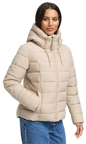 MARIKOO Damen Winterjacke (XS-XXL) - gesteppt, mit Kapuze, hochschließender Kragen - N098 - LightTaupe Größe M - Gr.M