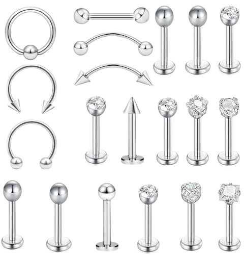 20 PCS Tragus Piercing Jewellery, Aesthetic Flat Back Nose Stud Tragus Earrings, Fashion Lip Bars for Bottom Lip Nose Stud Flat Back Piercing Studs, Suitable for Gift Giving Birthday Commemoration Dai