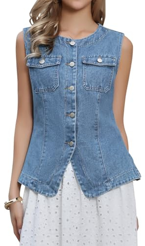 Allegra K Gilet En Jean Femme Veste Sans Manches En Denim Décontracté Col Rond Boutonné Style Cow-Boy Western