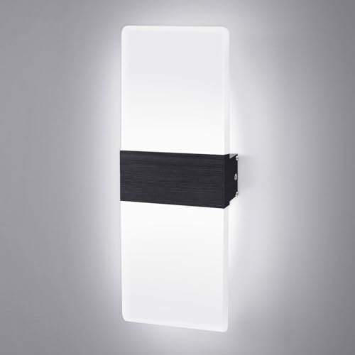 JaneYi Lámpara de Pared Interior LED 12W Blanco Frío 6500K Aplique Pared Luz Arriba y Abajo Moderna en Acrílico Aluminio Iluminación Indirecta para Pasillo Escalera Salón Dormitorio - Negro