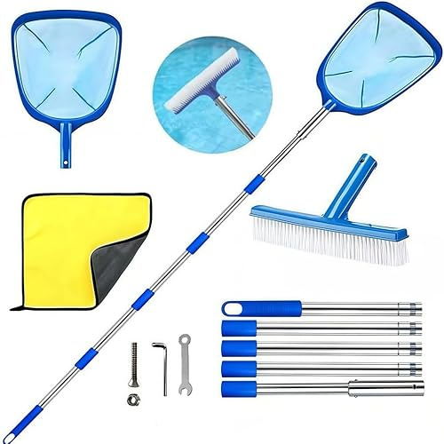 Retino per piscina con asta telescopica, 220 cm, retino per piscina con spazzola per piscina, retino per foglie, set di pulizia per piscina, spa, stagno, vasca idromassaggio, piscina per bambini