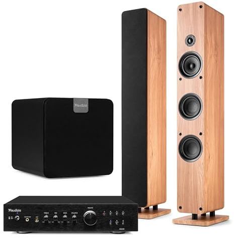 Audizio Arco – Pack 2 Altavoces de Torre pasivos con Amplificador AD220B Bluetooth 5.0, subwoofer SW80D de 8, Cables RCA, Equipo Sonido para TV Home Cinema, 480W en Total, Color Madera Clara