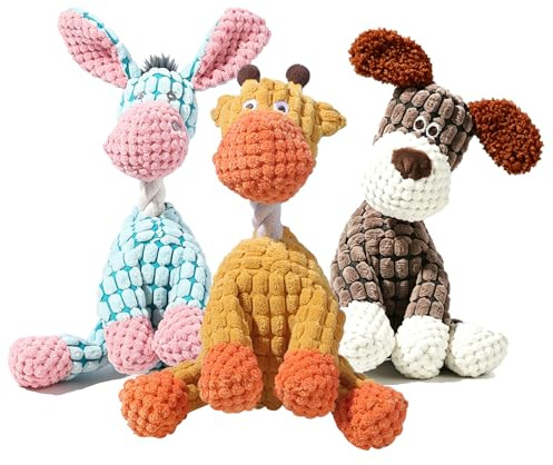 VELAJA 3 PCS Jouet pour Chien Couineur - Peluche pour Chien Doudou Chien Indestructible Jouets à Mâcher pour Petit Moyen Grand Chien, Âne Chien Girafe Jouet en Peluche