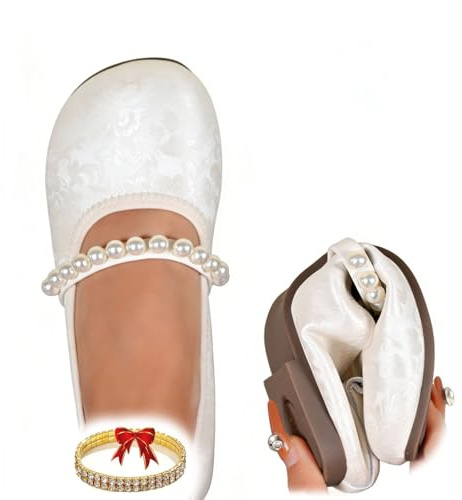Mary Jane - Zapatos planos para mujer, con correa de perlas sintéticas, elegantes, con punta redonda, zapatos de vestir anchos para boda, fiesta, beige, 40 EU