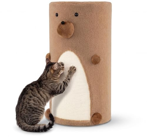 FANTASK Cat Scratching Barrel, Diameter 35 x 66 cm, Scratching Post with Sisal Scratching Mat and 2 Cat Caves, Cat Barrel up to 15 kg, Cat Tree for Small and Medium Cats, Brown