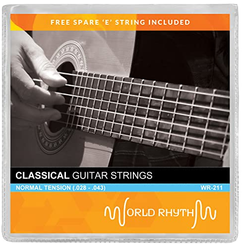 World Rhythm - Cuerdas de guitarra clásica de nailon de tensión normal con cuerda de repuesto alta e