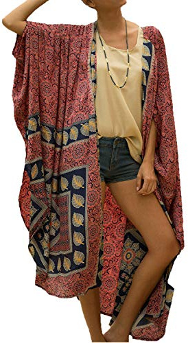 L-Peach Boho-kimono för kvinnor, lång cardigan, rymliga myskläder, överdimensionerad kaftan, strandklänning, täckande kläder, morgonrockar, Röd, en storlek